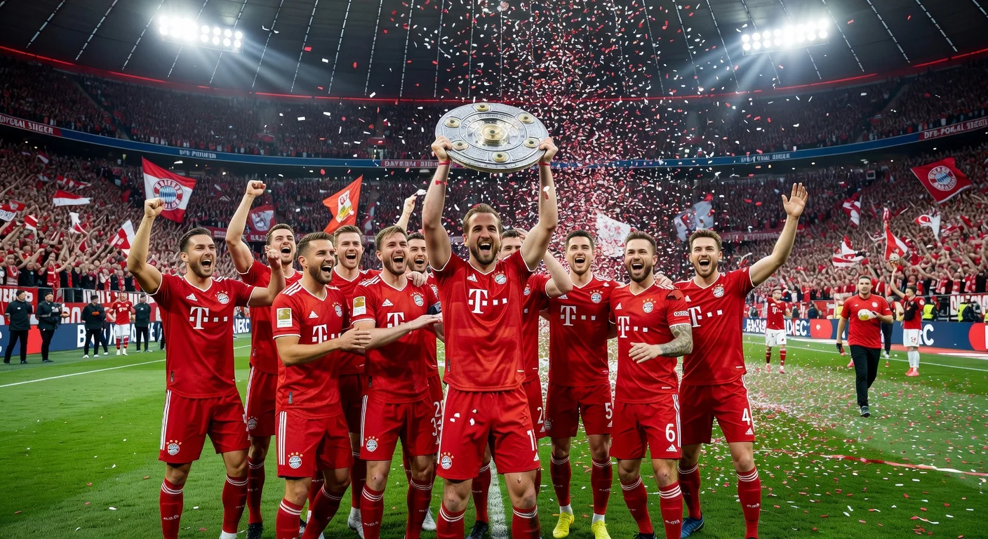 Bayern Munich team celebrating their DFB-Pokal victory with Harry Kane after a 3-0 win against VfB Stuttgart.