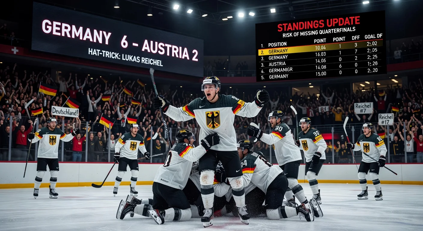 German ice hockey players celebrating a win but facing potential elimination from the world championship.