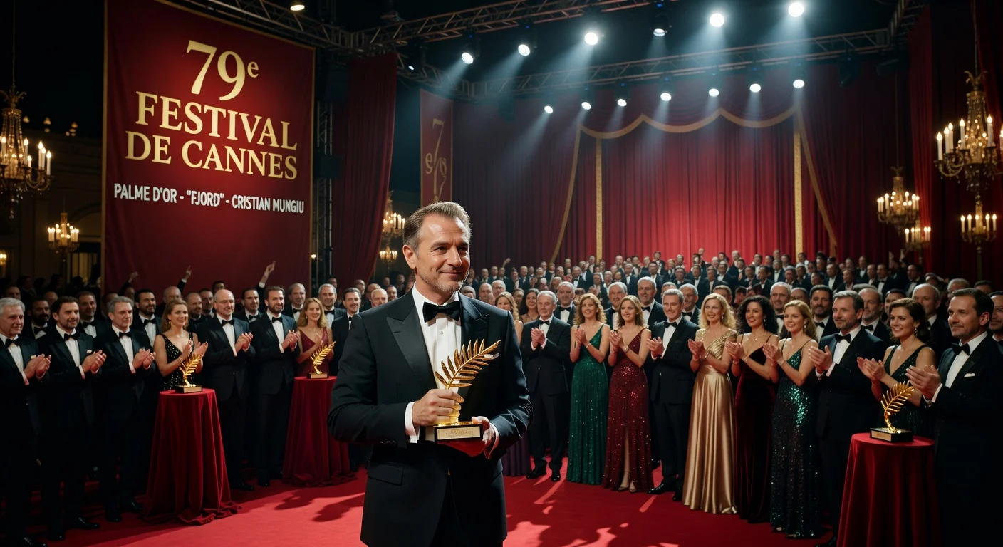 Cristian Mungiu receiving the Palme d'Or at the Cannes Film Festival award ceremony.