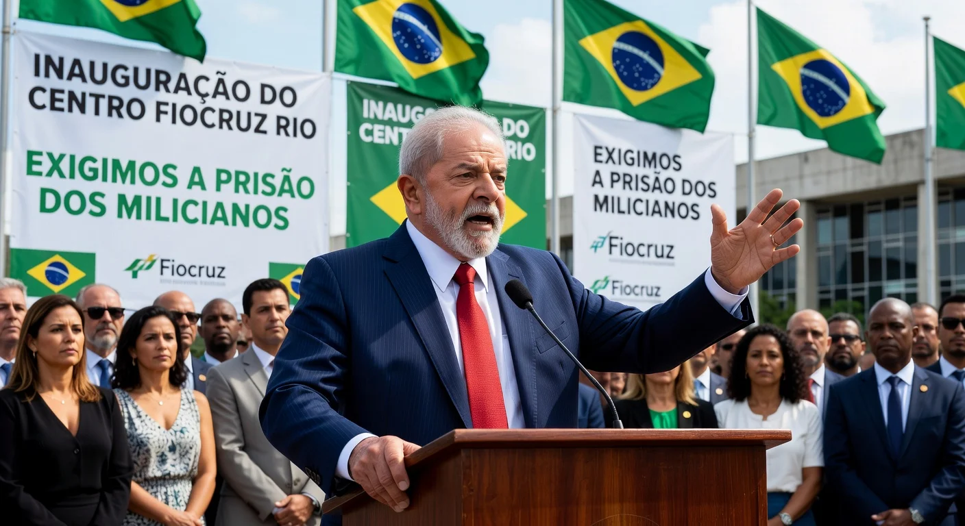 President Lula delivering a speech at the Fiocruz center inauguration in Rio de Janeiro, urging action against militiamen.