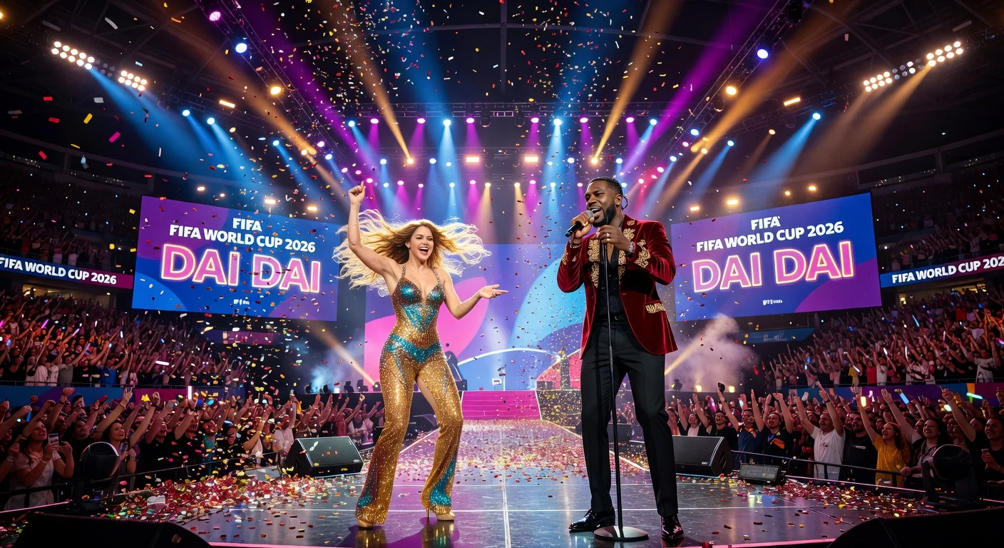 Shakira and Burna Boy performing energetically on a vibrant stage for their 2026 FIFA World Cup song.