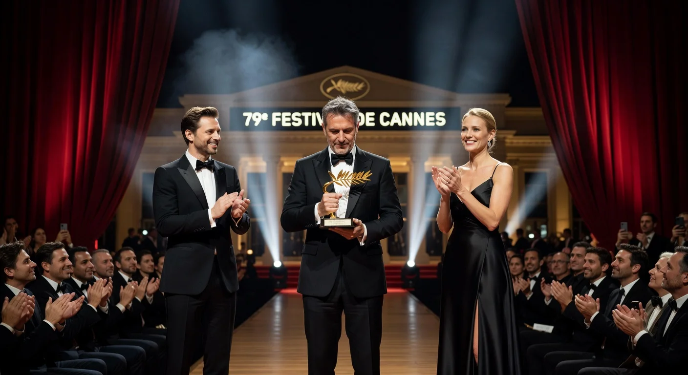 Photorealistic image of the Palme d'Or ceremony at Cannes for film Fjord with director and stars on stage.