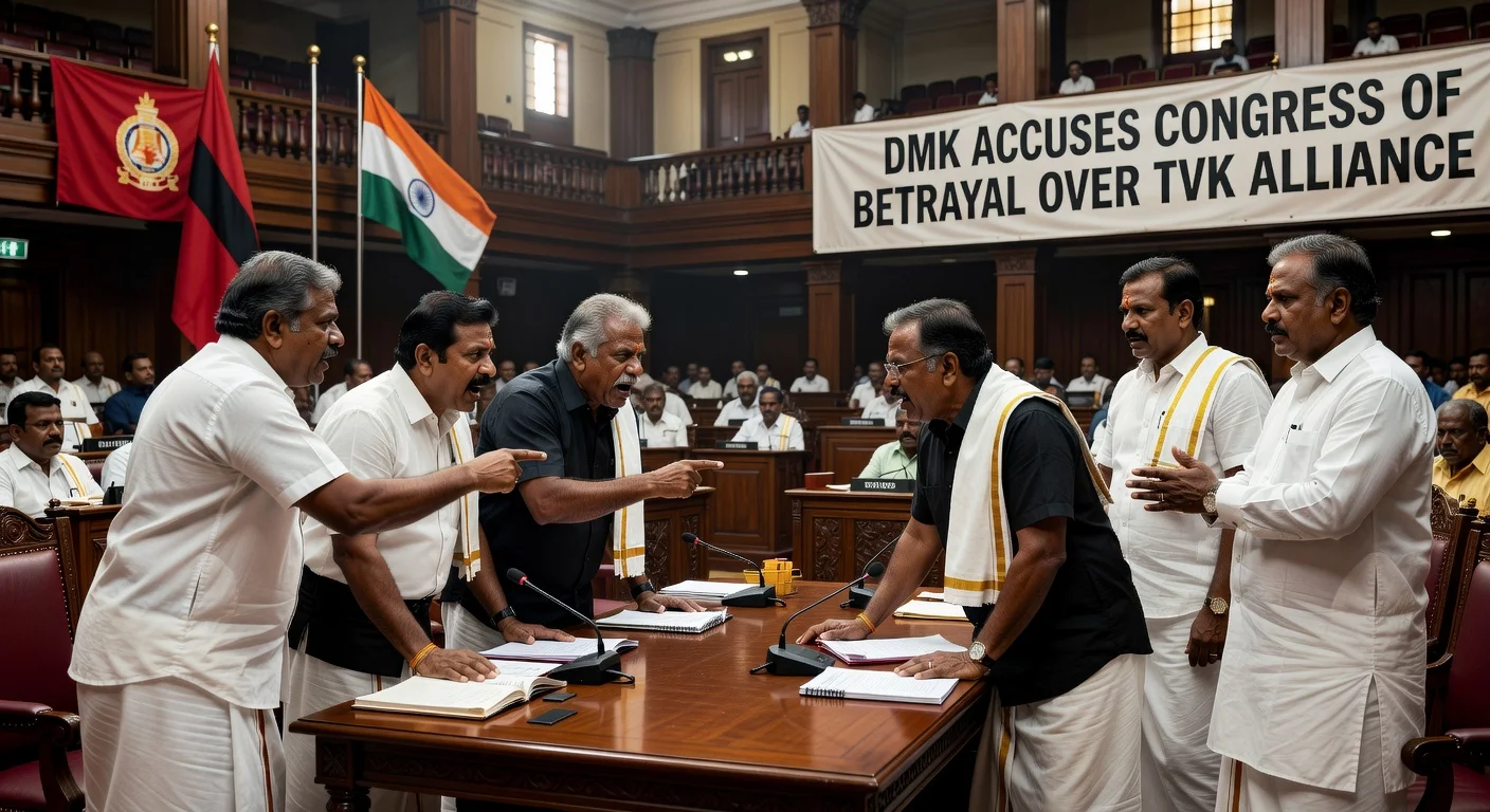 Political illustration showing DMK and Congress leaders in conflict over Tamil Nadu alliance switch.