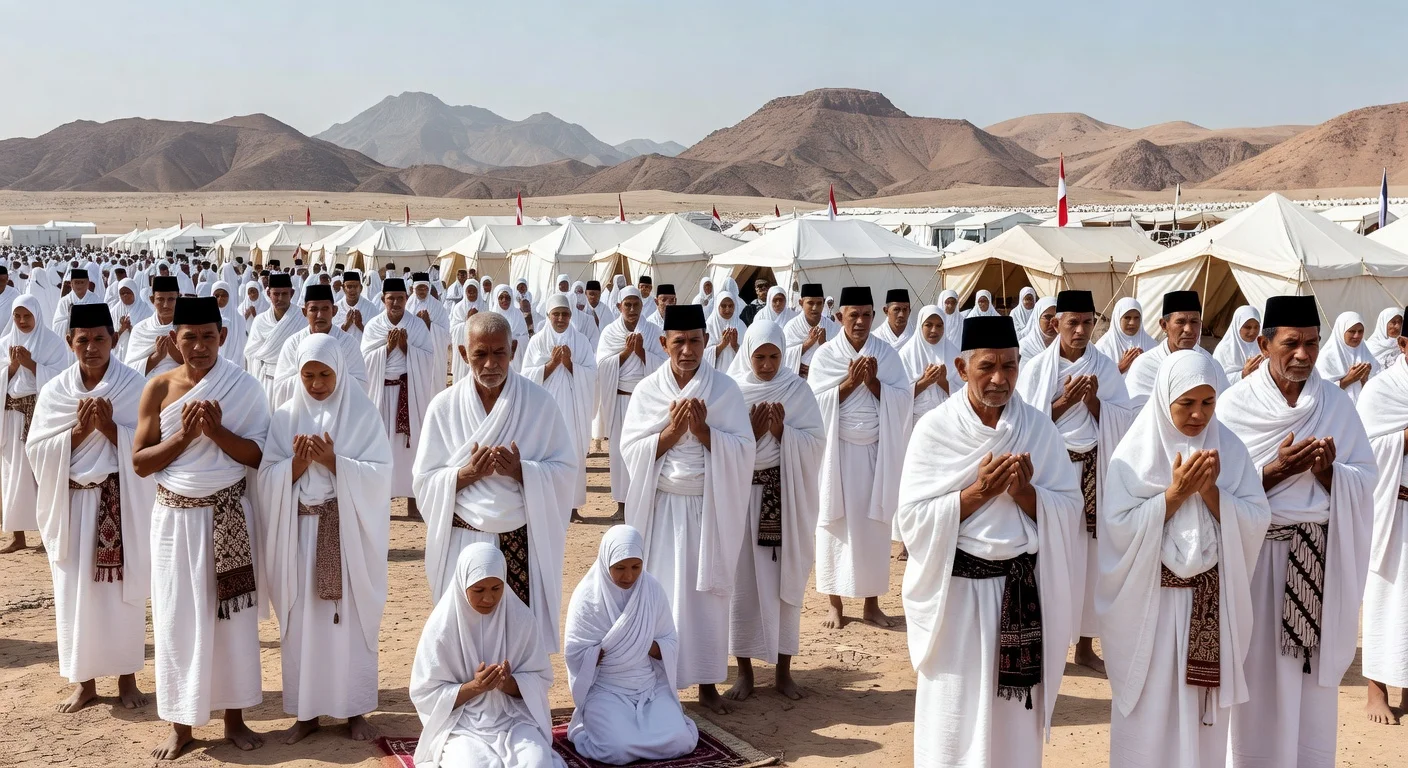 Indonesian Hajj pilgrims preparing for peak rites at Arafah in Saudi Arabia.