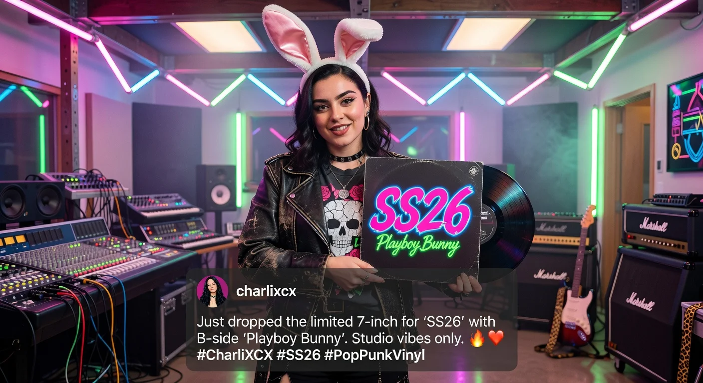 Charli XCX posing with limited edition vinyl record of SS26 and Playboy Bunny in pop-punk style