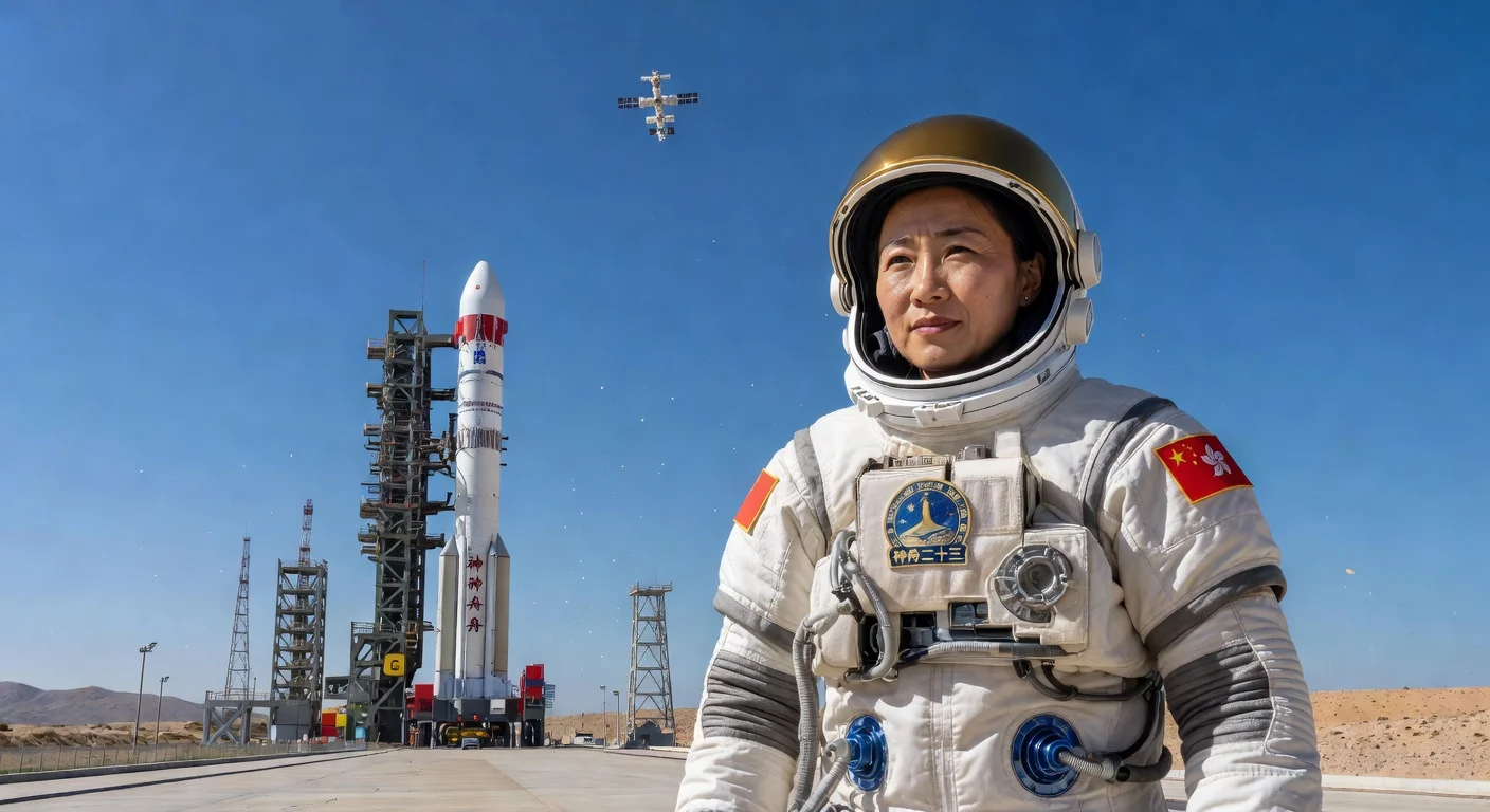 Illustration of Hong Kong astronaut Lai Ka-ying preparing for Shenzhou-23 mission to Tiangong space station.