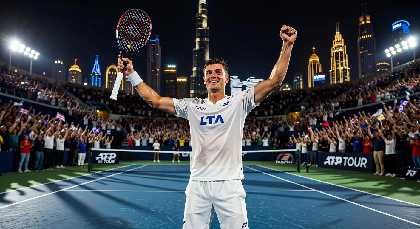 Jack Draper celebrates his comeback victory over Quentin Halys at the Dubai Duty Free Tennis Championships.