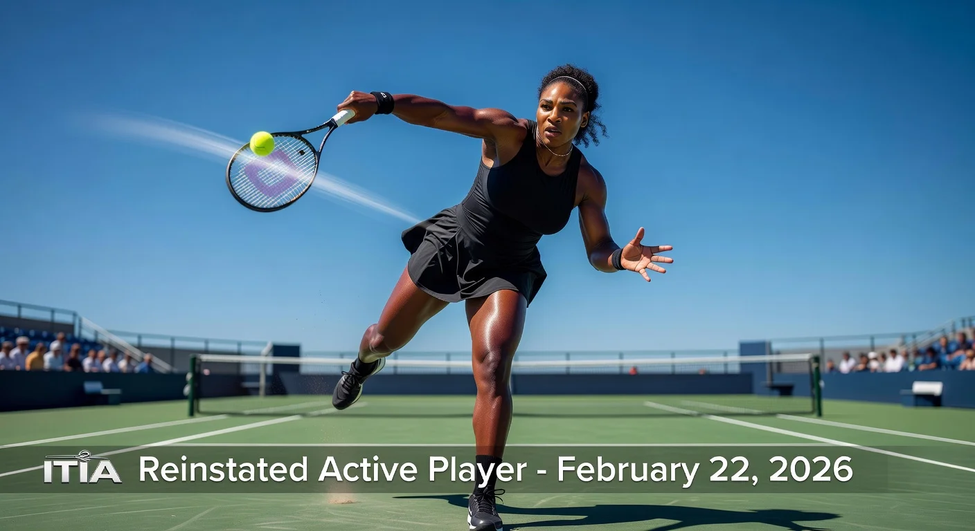 Serena Williams powerfully serving on tennis court, symbolizing her ITIA reinstatement as active player on February 22, 2026.
