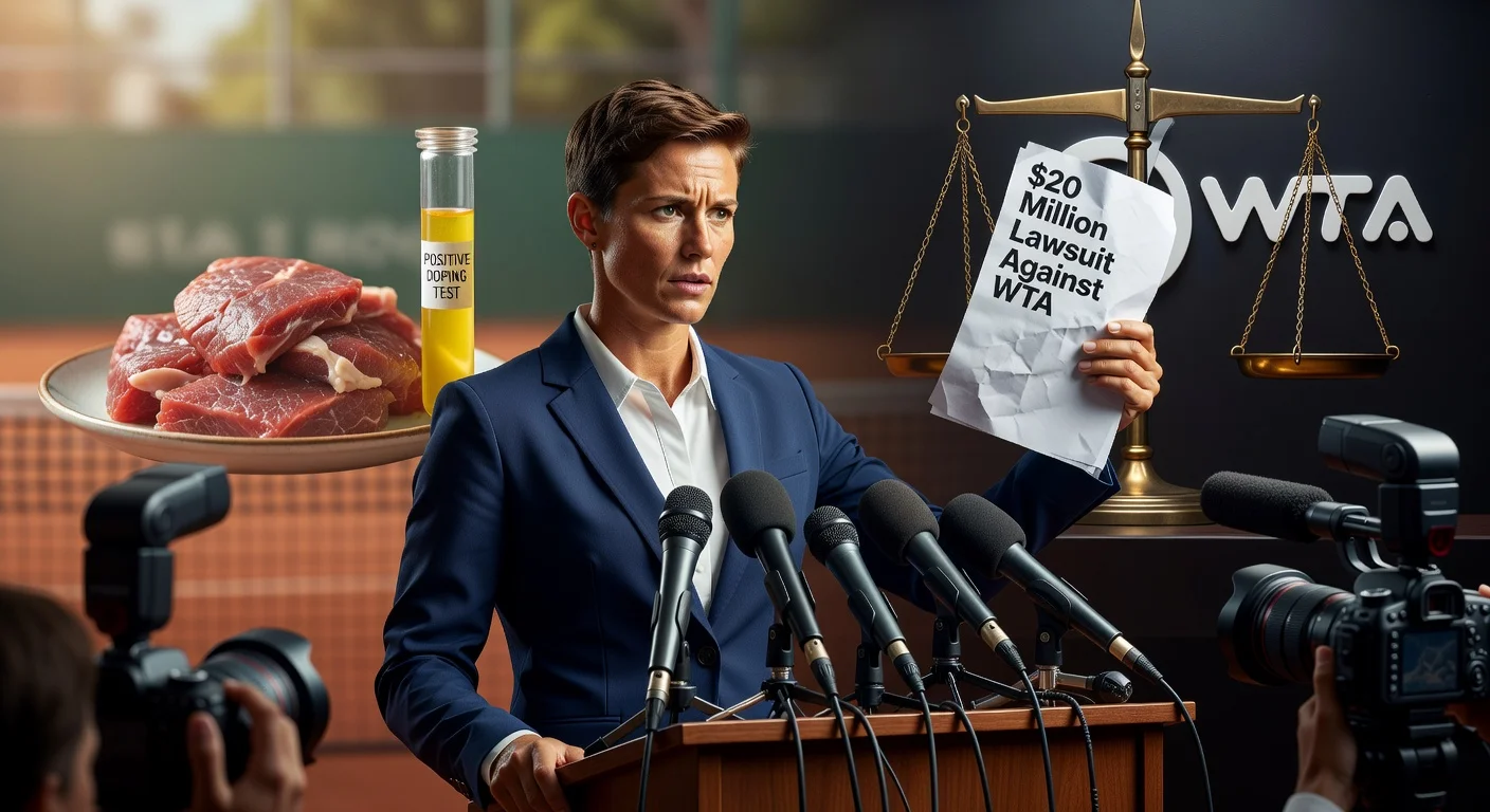 Photorealistic image of tennis player Tara Moore announcing her $20M lawsuit against WTA over doping ban from contaminated meat.