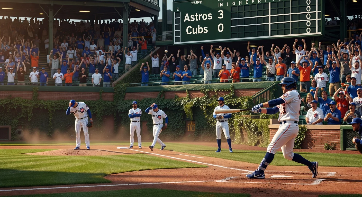 Christian Walker hitting a home run for the Astros against the Cubs at Wrigley Field, scoreboard showing 3-0.