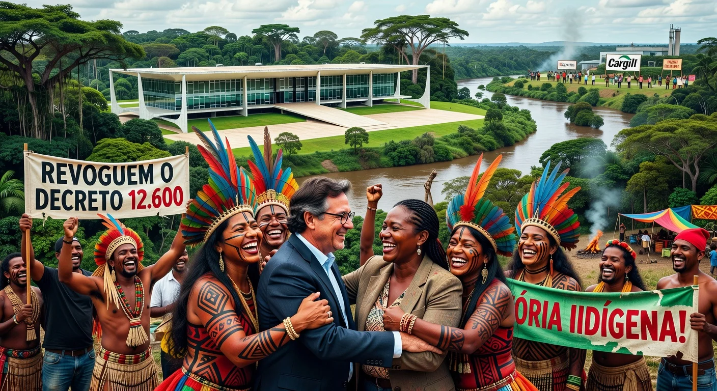 Indigenous leaders celebrate with Brazilian officials at Palácio do Planalto after government revokes Amazon waterways decree amid protests.