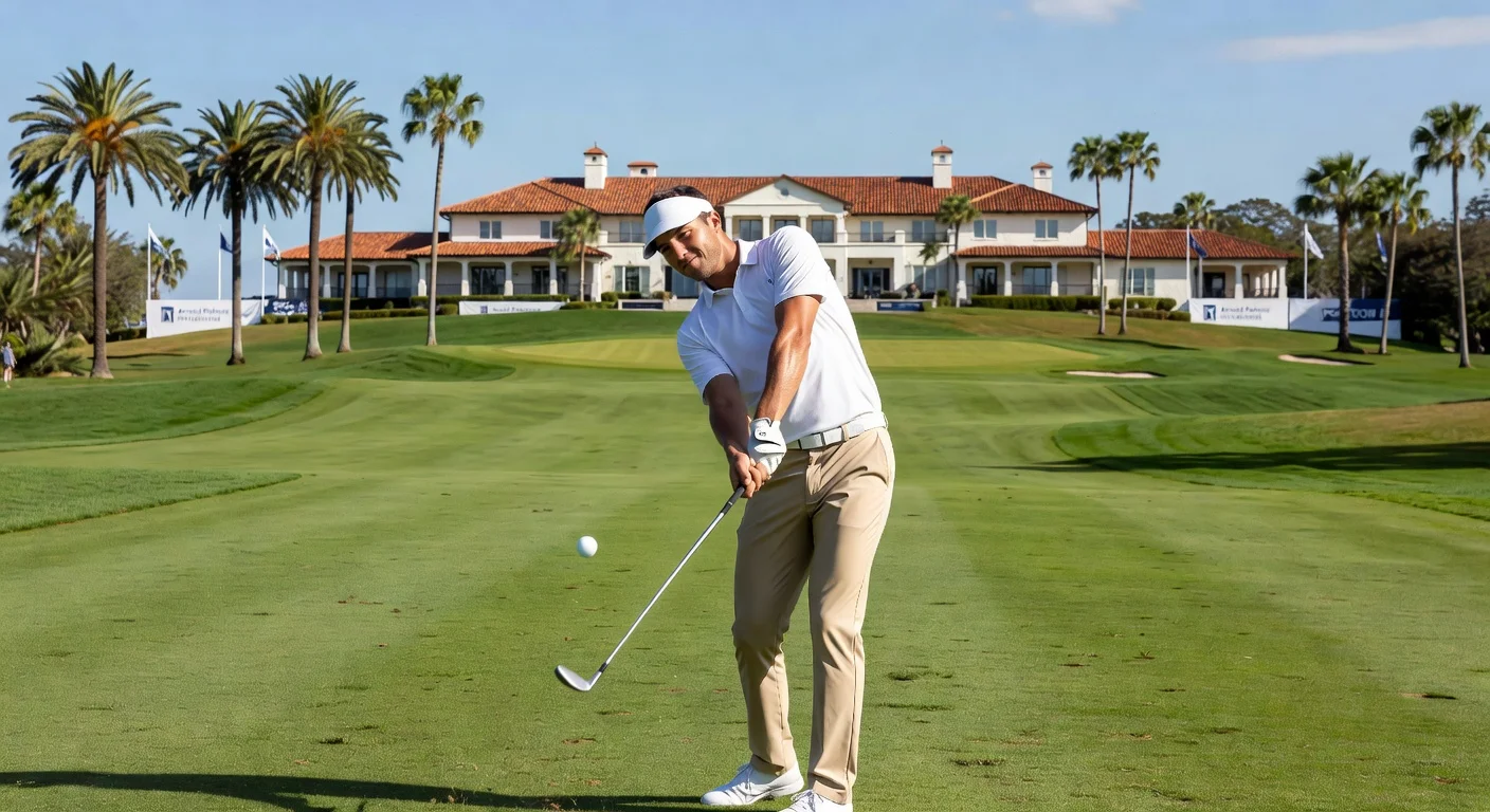 Justin Thomas mid-swing on the Bay Hill fairway, poised for PGA Tour comeback at Arnold Palmer Invitational.