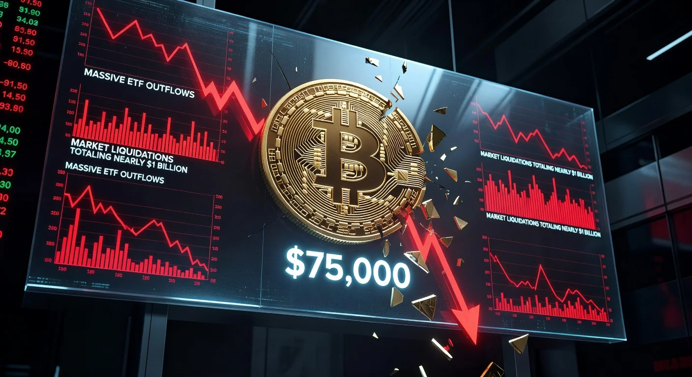 Illustration of Bitcoin falling below $75,000 with ETF outflows and liquidations in a financial crisis scene.