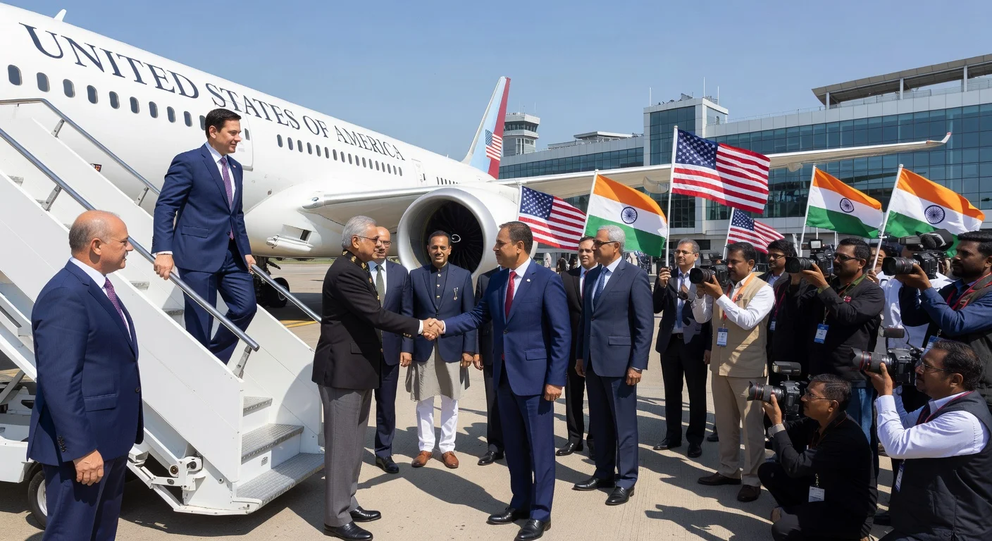 U.S. Secretary of State Marco Rubio arriving at Kolkata airport greeted by Indian officials with flags.