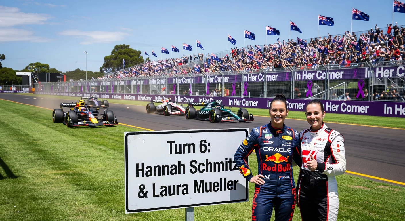 Realistic illustration of Turn 6 renamed at Australian GP to honor F1 engineers Hannah Schmitz and Laura Mueller, with women beside the sign and racing cars in background.
