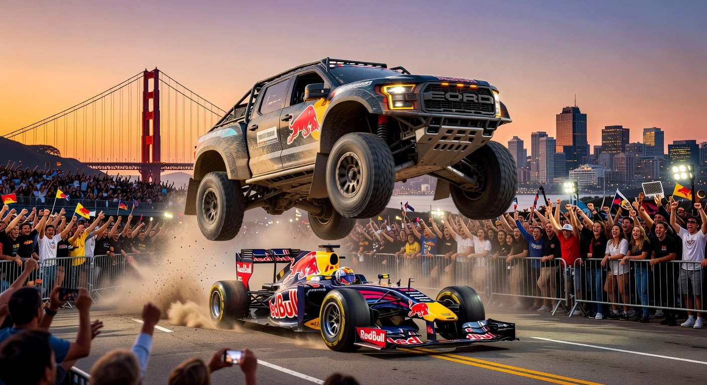 Ford Raptor T1+ rally truck soaring over Red Bull RB7 F1 car in San Francisco stunt, amid cheering crowds.