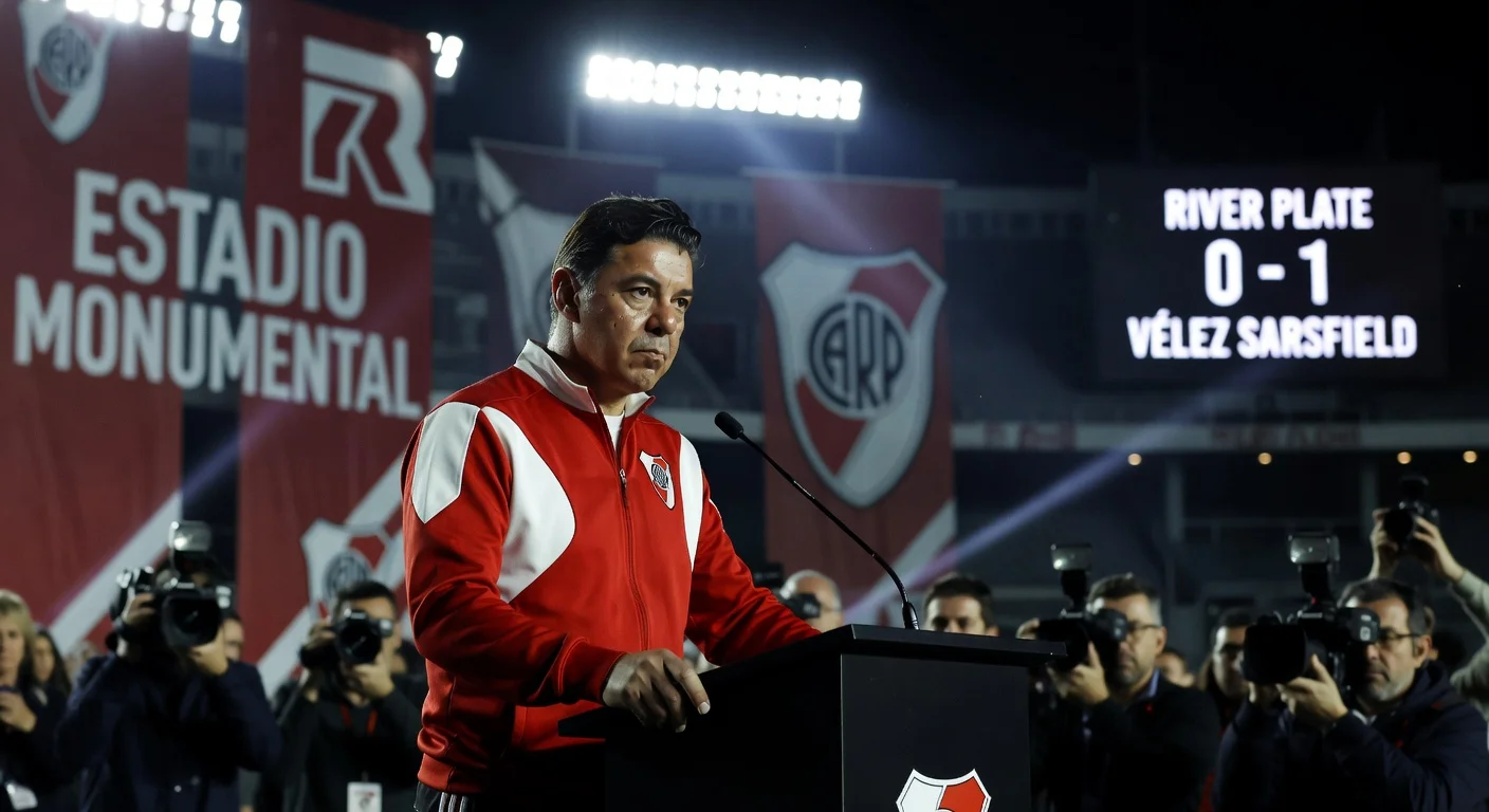 Marcelo Gallardo somberly announces his departure as River Plate coach at a press conference in Estadio Monumental.