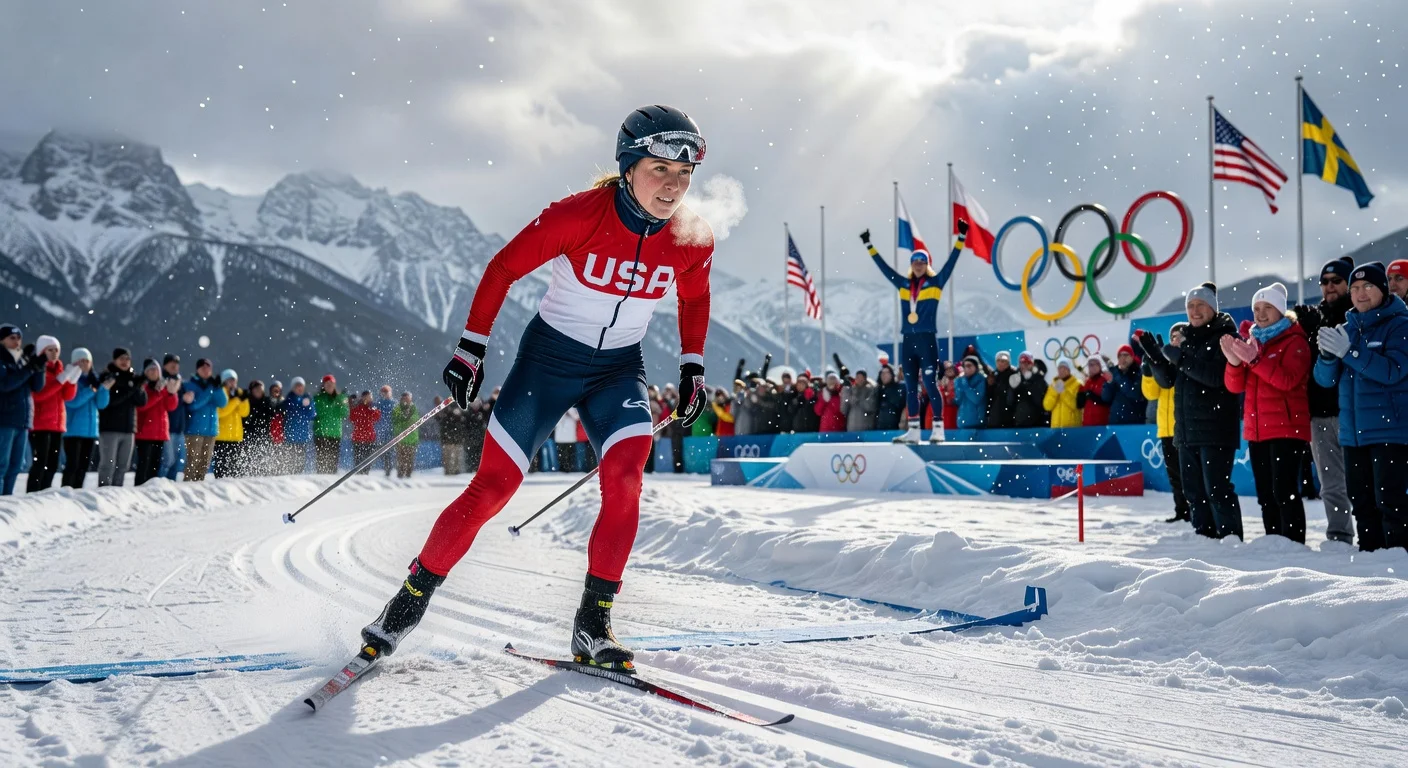 Jessie Diggins finishes fifth in the women's 50km cross-country ski race at the 2026 Winter Olympics, marking the end of her career, with gold medalist Ebba Andersson celebrating.