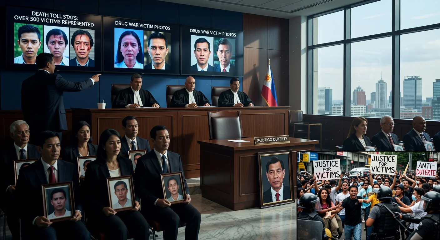 ICC courtroom in The Hague during Duterte's absent confirmation hearing, with judges, prosecutors, victims' lawyers, and inset Philippine protests.