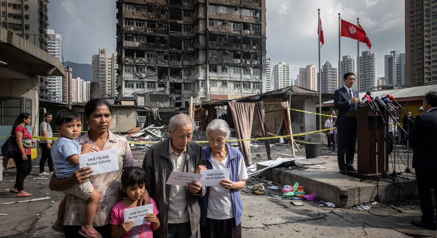 Photorealistic image of Wang Fuk Court fire victims receiving extended rental aid from Hong Kong officials amid rehousing doubts.
