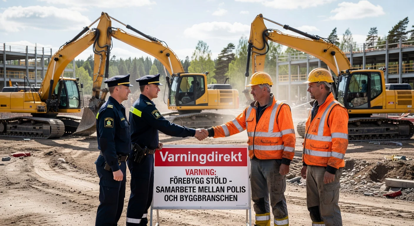 Police and construction workers collaborating on a theft prevention initiative in Dalarna, Sweden.