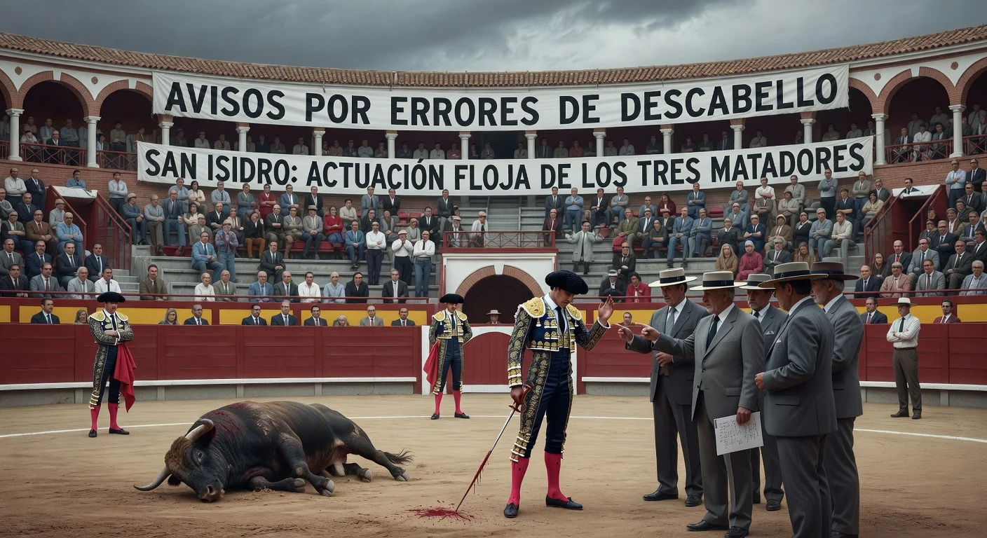 Illustration of a disappointing bullfight at Las Ventas with matador receiving warnings amid bored crowd.