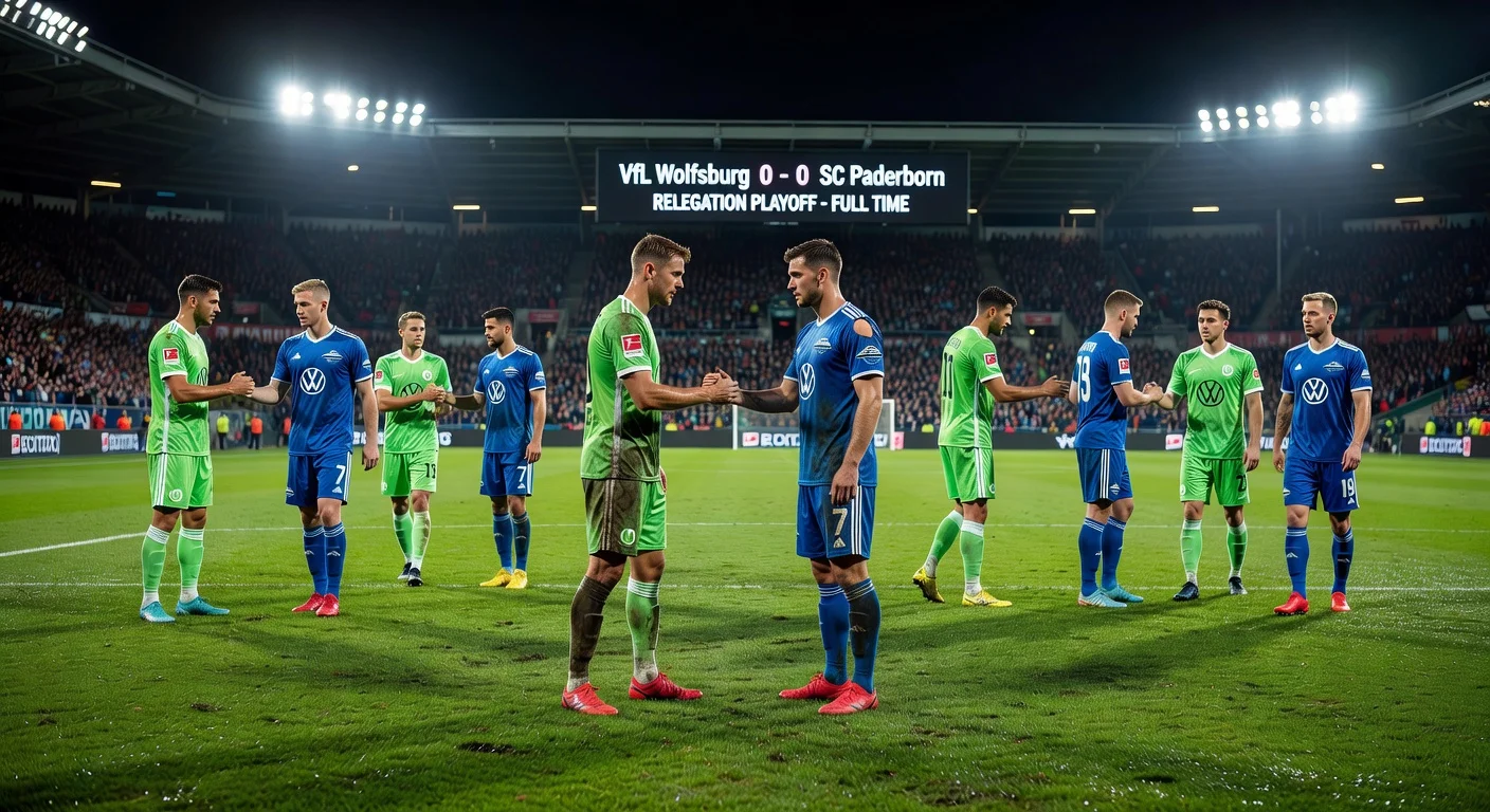 Players from Wolfsburg and Paderborn on the pitch after their 0-0 Bundesliga relegation playoff draw