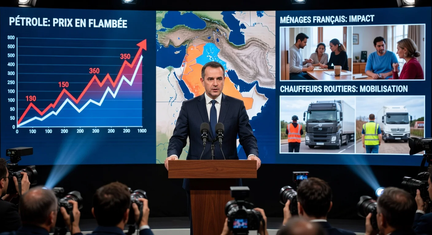 French Prime Minister Sébastien Lecornu announcing fuel aid measures at a press conference amid oil price crisis.