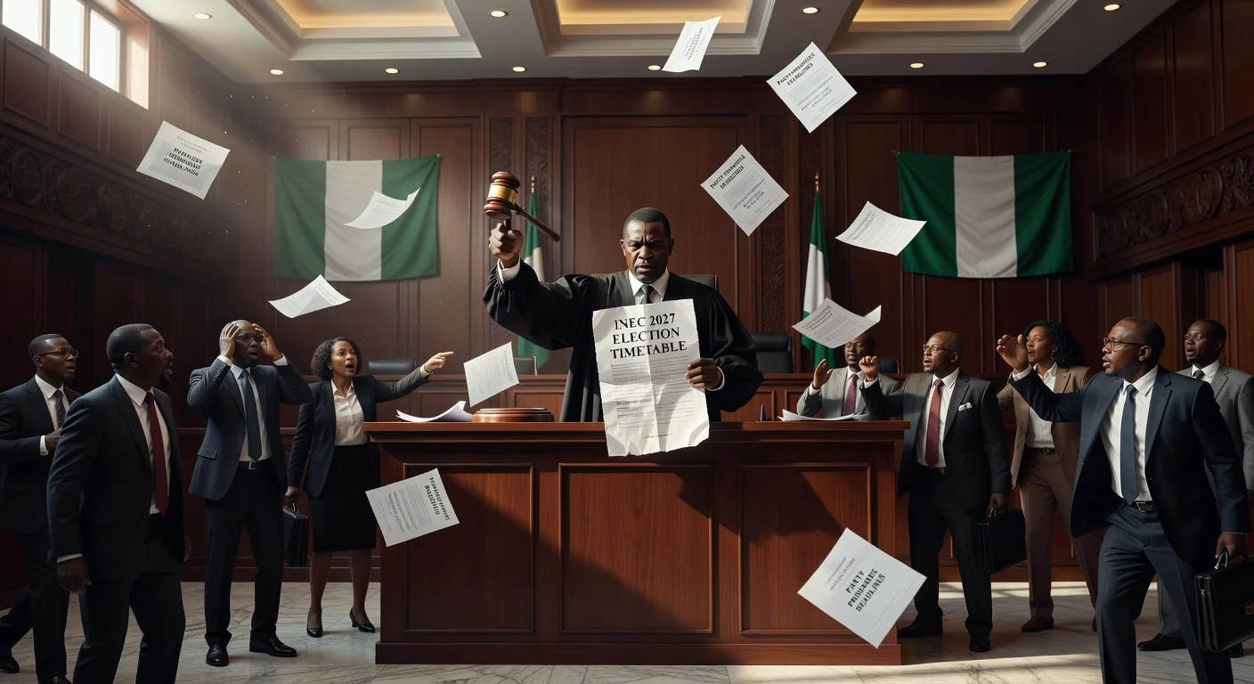 Courtroom scene showing judge voiding INEC election timetable for 2027 polls