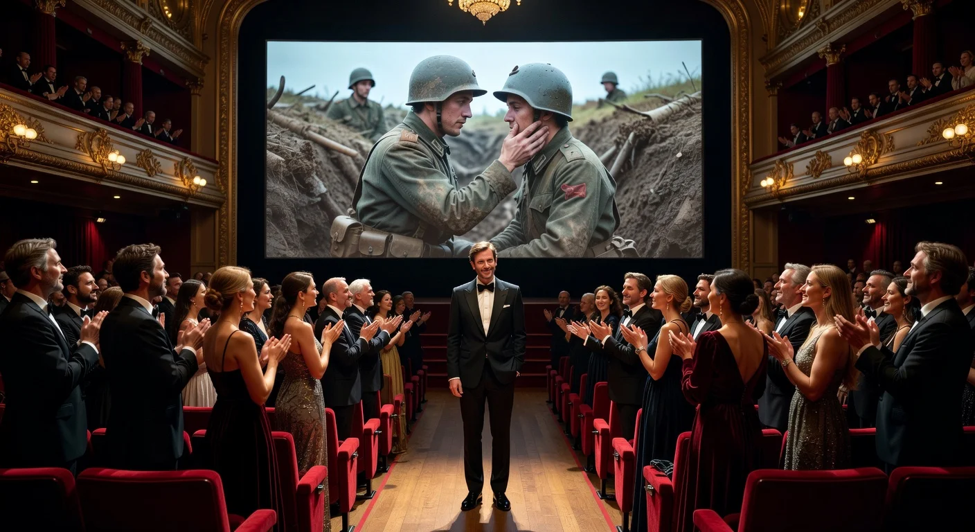 Director Lukas Dhont receiving a standing ovation at Cannes for his film Coward, with a World War I scene on screen.