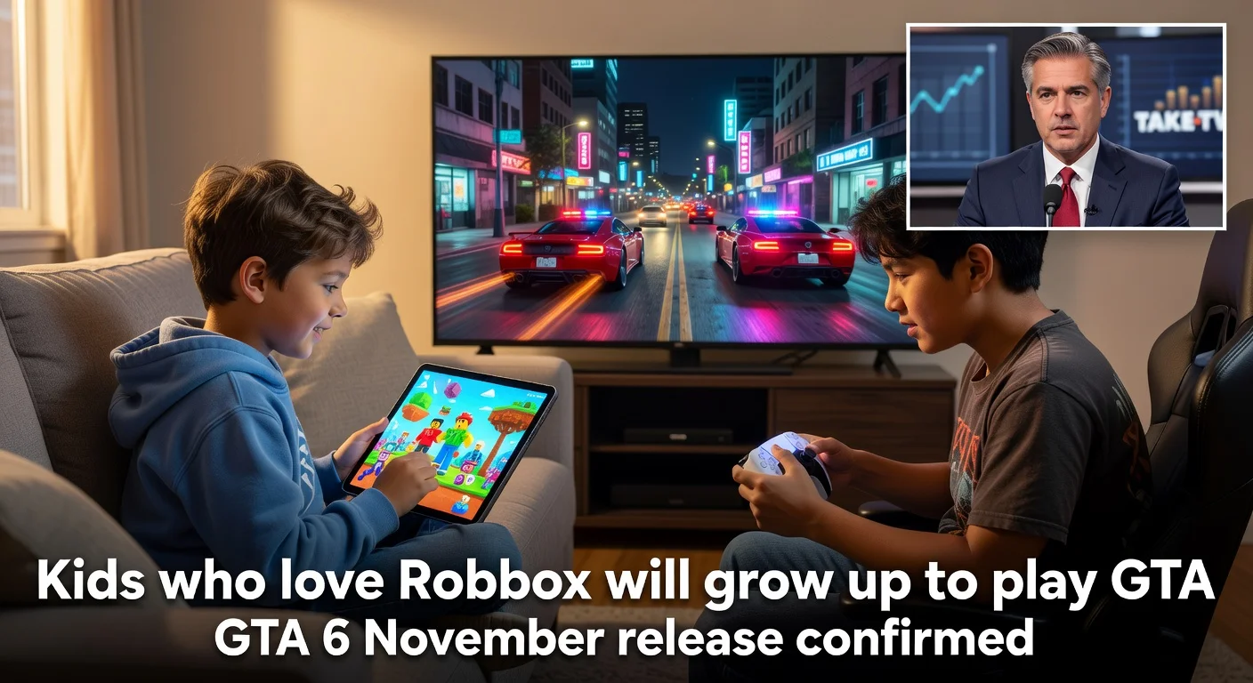 Illustration showing children transitioning from playing Roblox to GTA, with Take-Two CEO and GTA 6 release info.