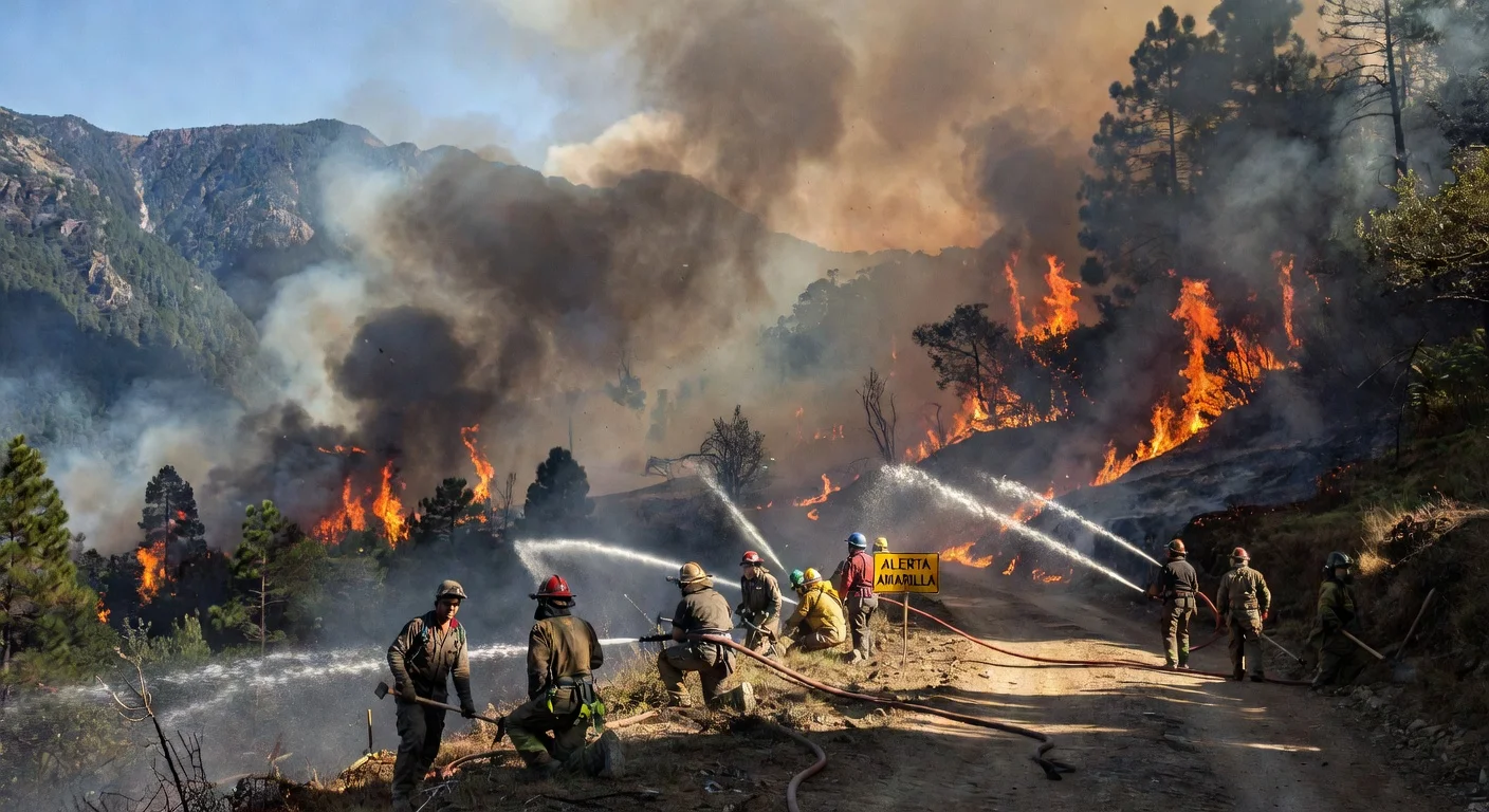 Emergency response teams fighting a wildfire burning 486 hectares in Antuco under yellow alert.