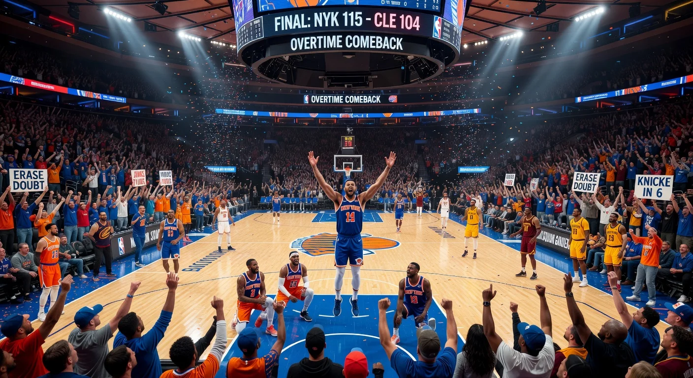 Intense scene of Knicks celebrating overtime win against Cavaliers at Madison Square Garden in NBA playoffs.