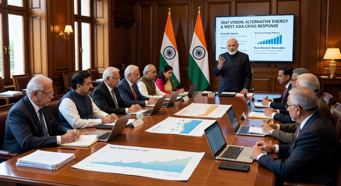 Prime Minister Narendra Modi in a cabinet meeting discussing India's 2047 vision and alternative energy.