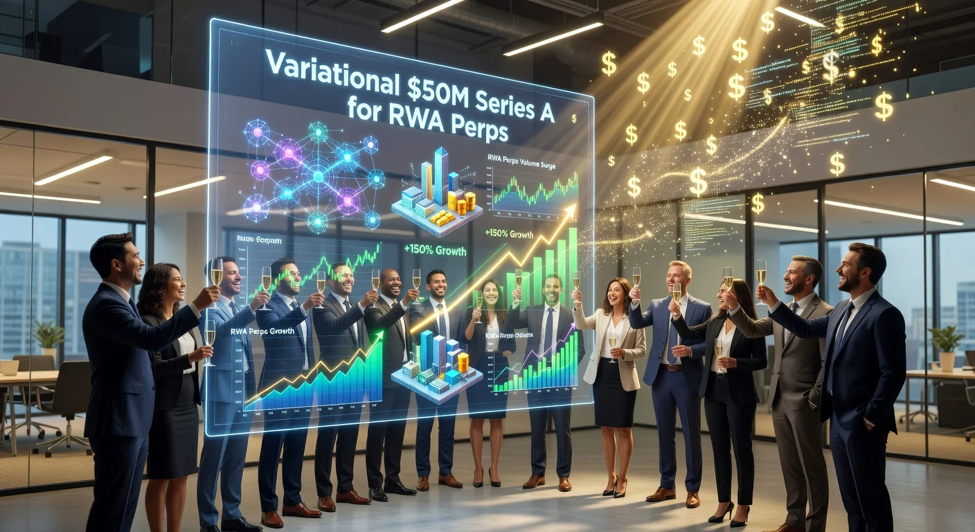 Illustration of Variational's $50 million funding for real-world asset perpetuals on a blockchain trading platform.