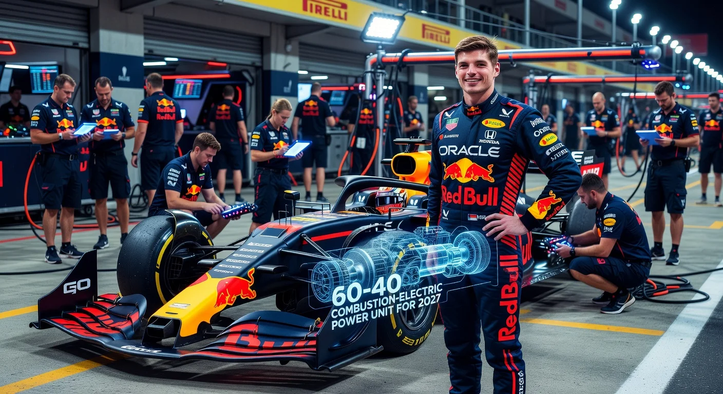 Max Verstappen next to an F1 car symbolizing 2027 hybrid engine changes
