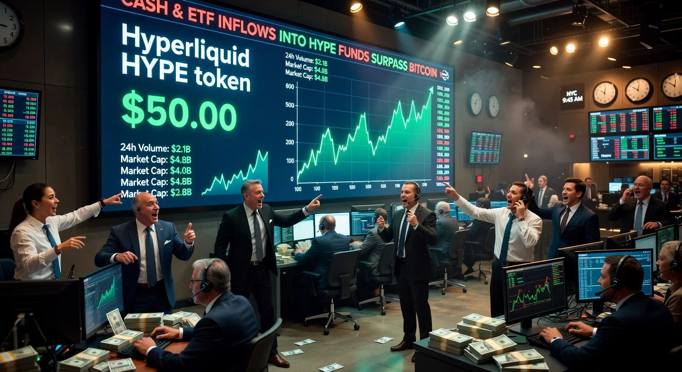 Illustration of Hyperliquid token price at $50 driven by HYPE ETF inflows, featuring financial charts and investment flows.
