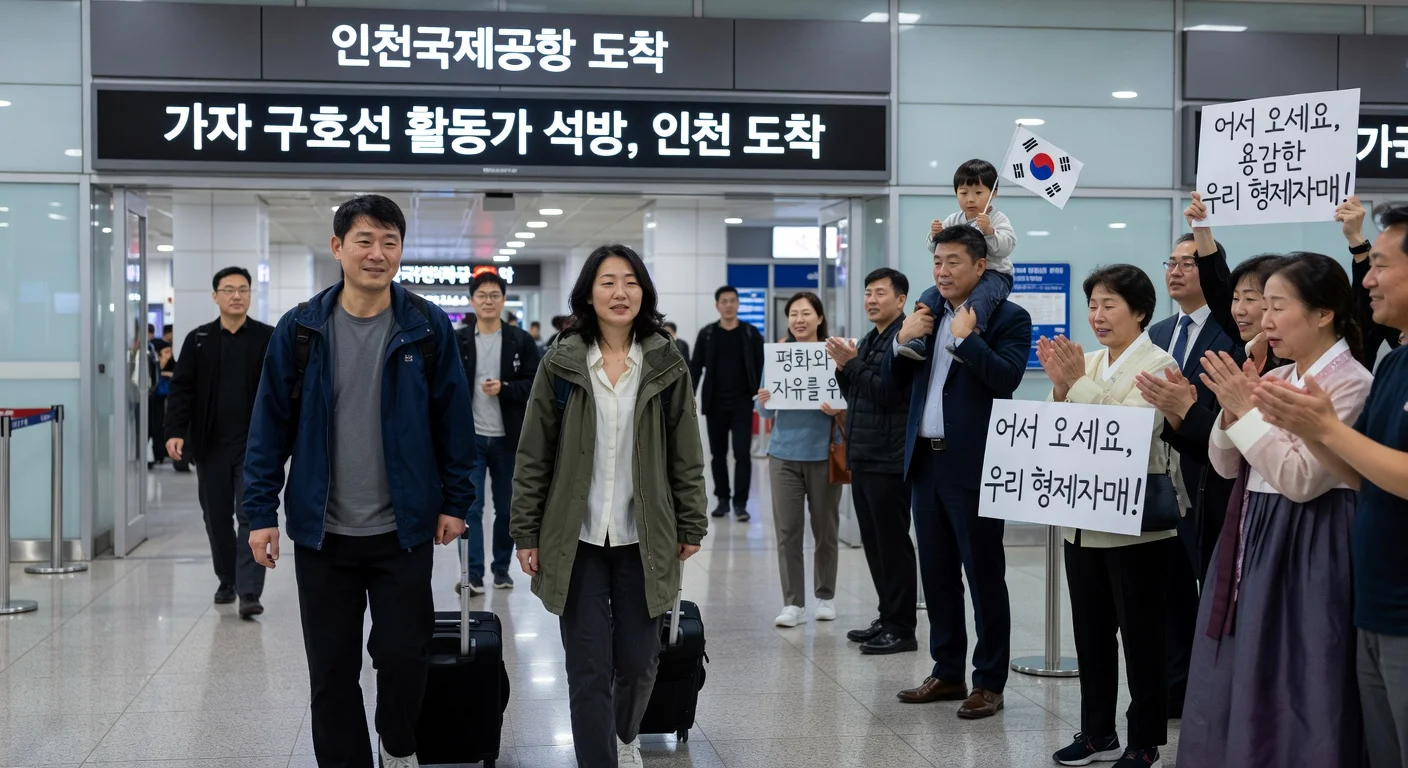 Two South Korean activists returning home at the airport after being released from a Gaza aid vessel.