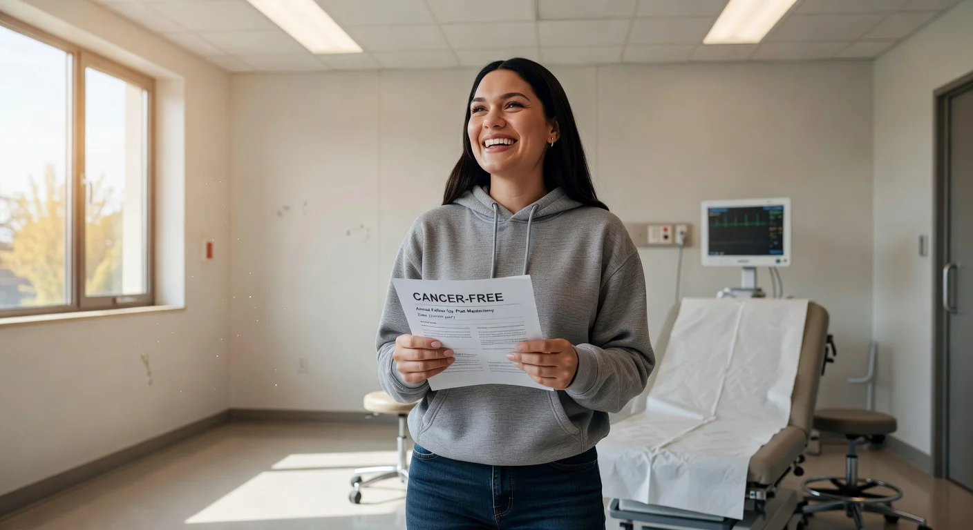 Jessie J smiling with relief in a hospital setting after receiving cancer-free results.