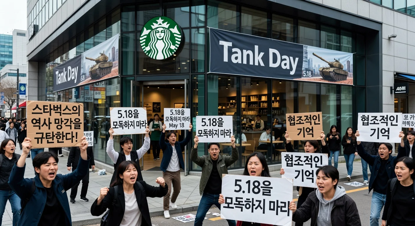 Illustration of Starbucks store with tank day promotion and protesters outside due to Gwangju Uprising backlash.