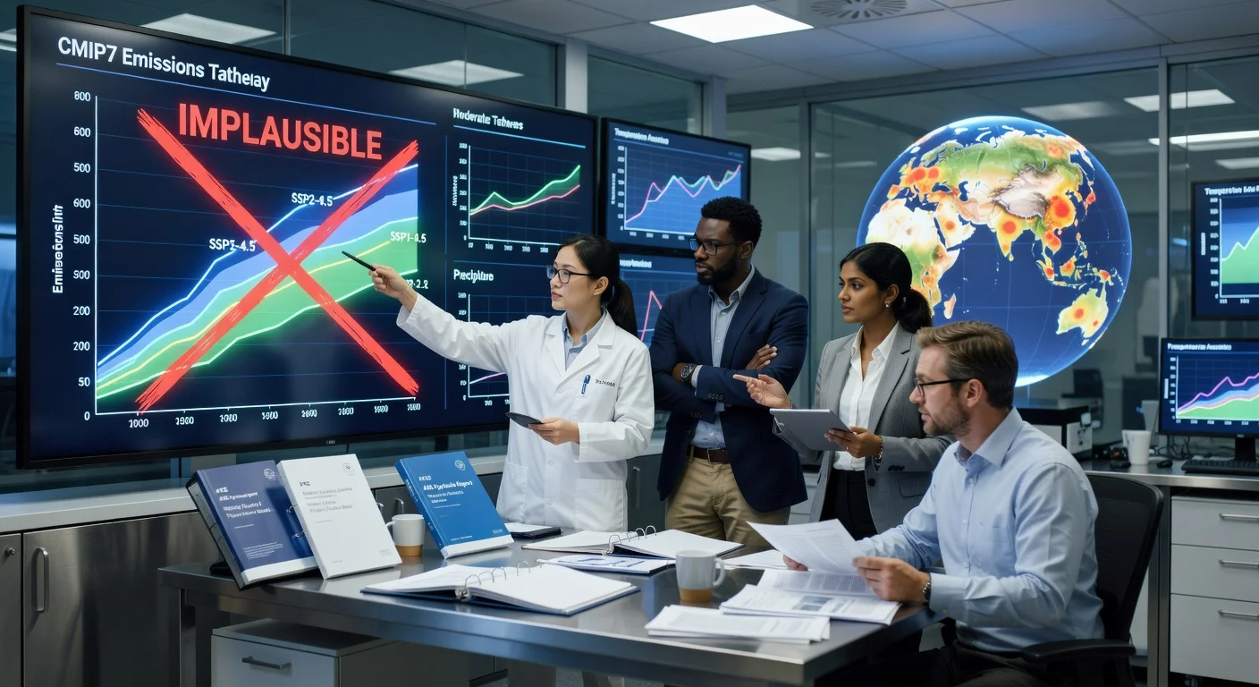 Climate scientists analyzing implausible high-emissions scenarios on digital screens in a lab setting.