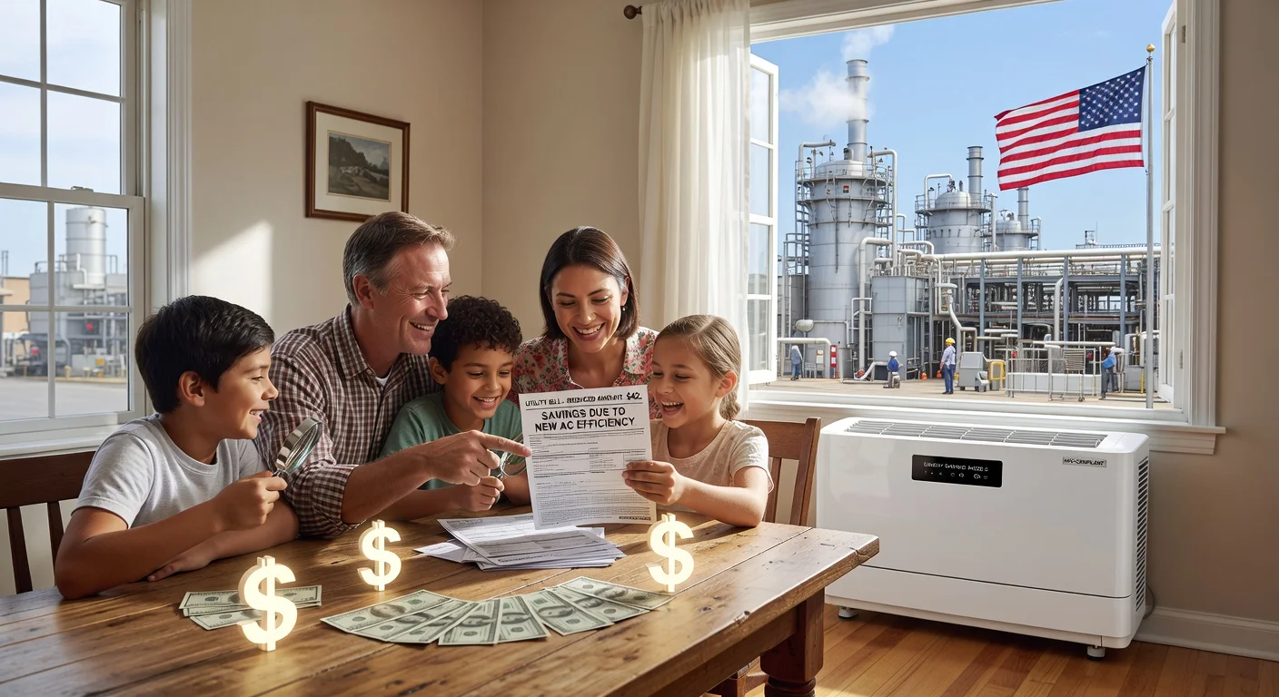 A photorealistic illustration of a family benefiting from lower cooling costs due to policy changes on refrigerants, featuring an air conditioner in a home setting.