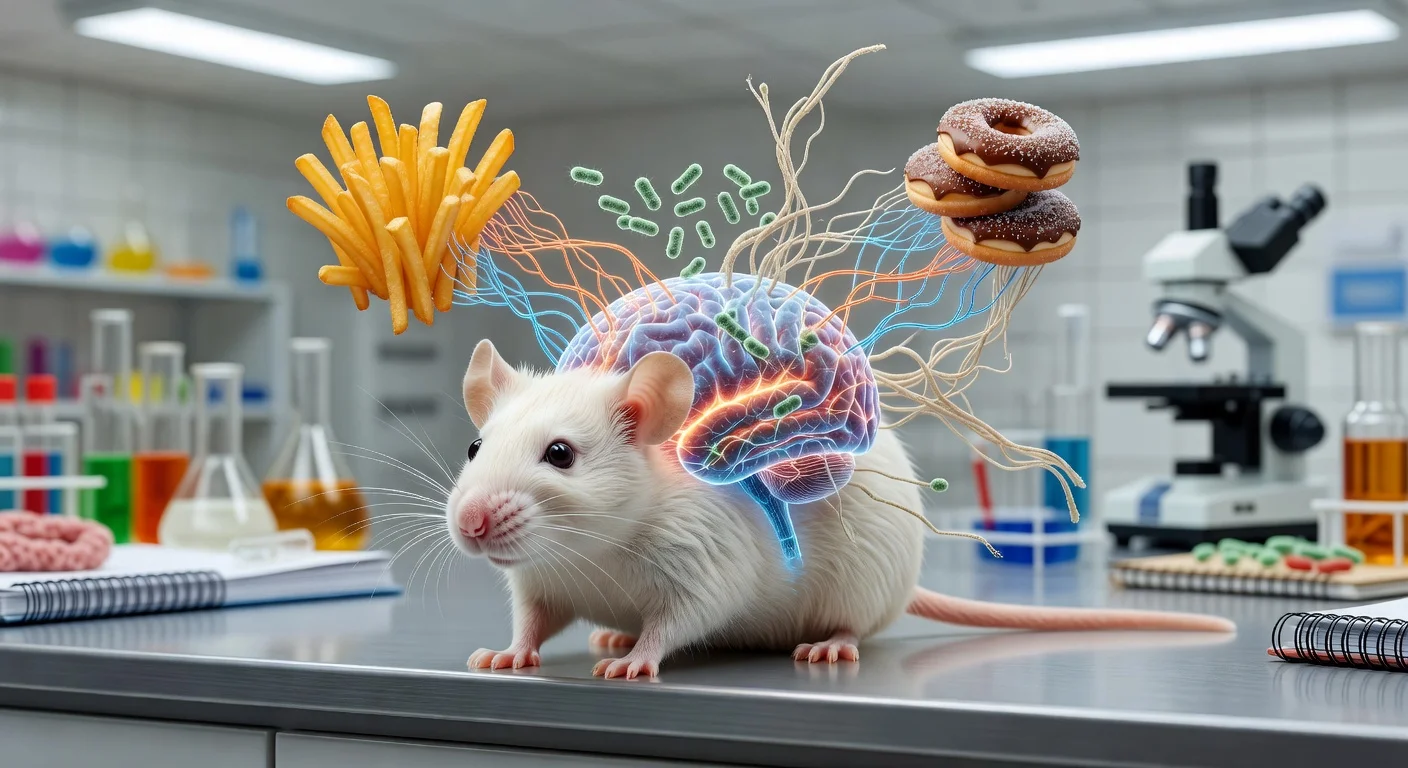 Illustration of a lab mouse showing brain changes from childhood junk food diet, with helpful bacteria depicted.