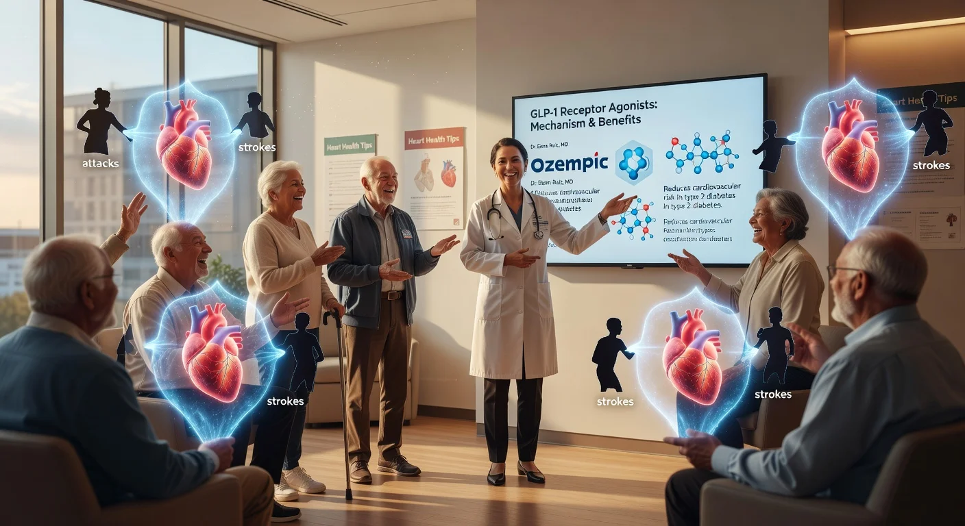 Illustration of high-risk patients benefiting from GLP-1 drugs like Ozempic with reduced heart risks