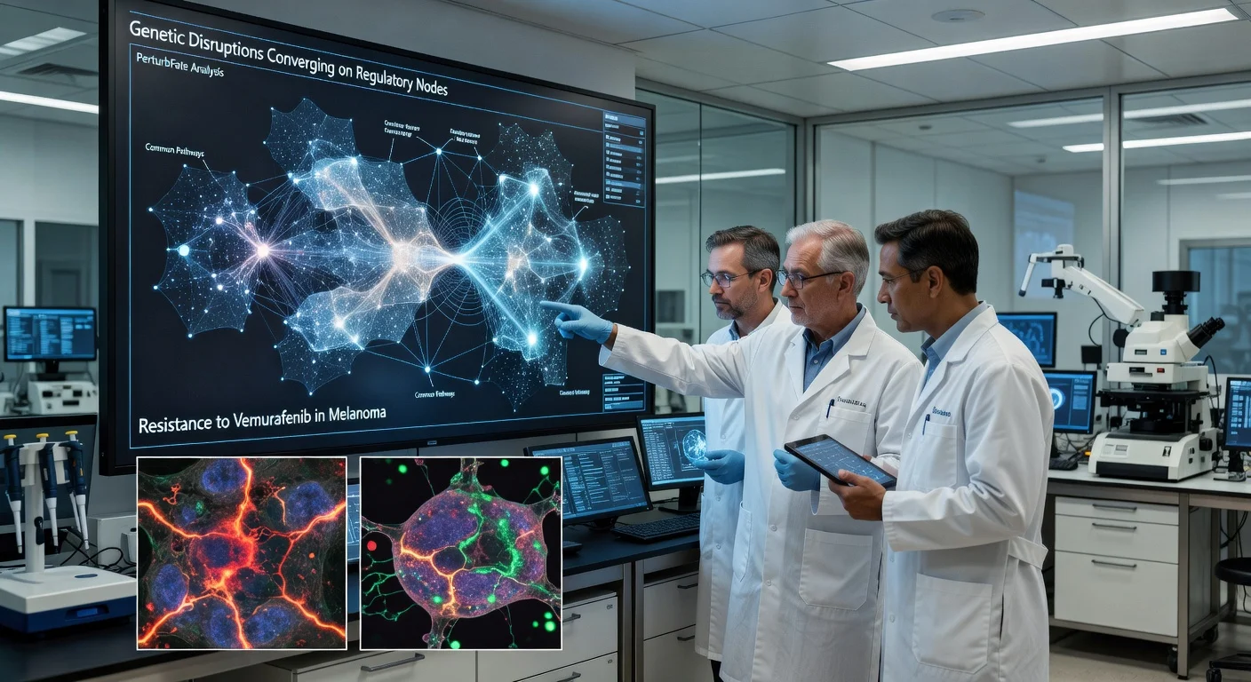 Scientists analyzing a network map of genetic factors in melanoma drug resistance using the PerturbFate platform in a laboratory setting.
