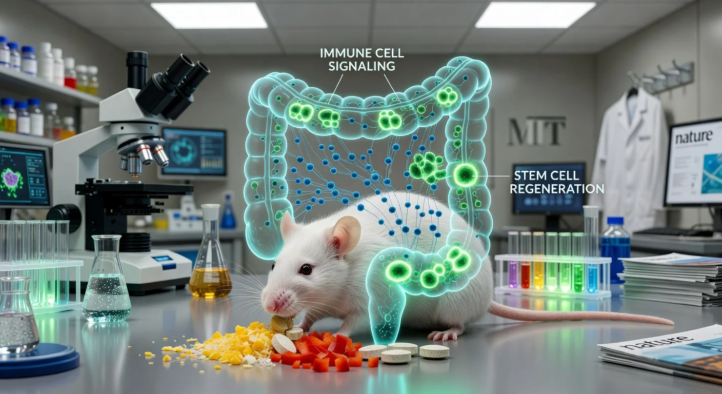 Scientific illustration of a lab mouse with regenerating small intestine linked to cysteine-rich diet for MIT study news.