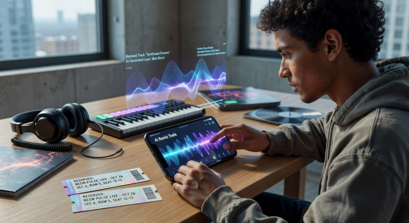 Illustration of Spotify AI remix features and premium concert tickets for a news article.
