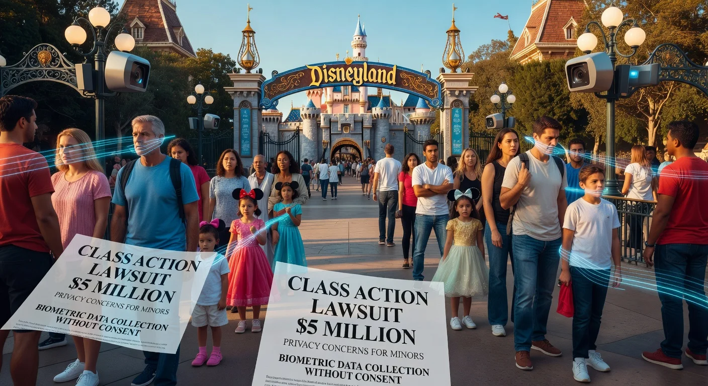 Photorealistic illustration of Disneyland entrance showing families being scanned by facial recognition cameras with lawsuit overlay, for a news article on Disney biometric privacy case.