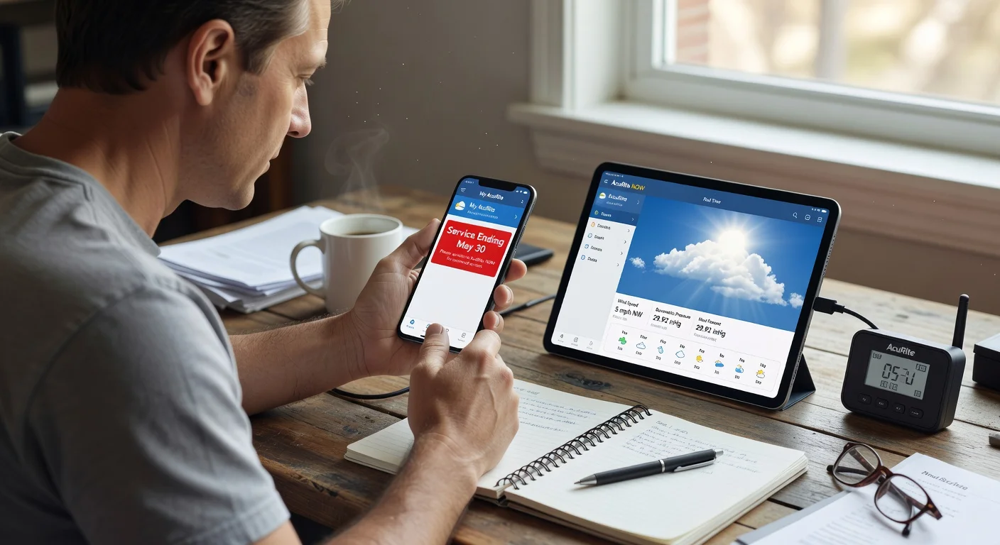 Illustration of a user transitioning from the old My AcuRite app to the new AcuRite NOW app on mobile devices in a home setting.