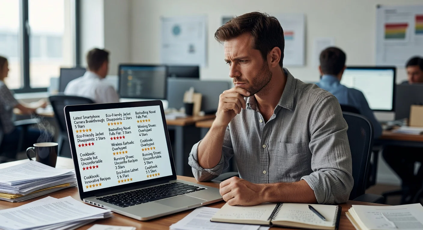Illustration of a journalist reviewing multiple unrelated product reviews on a laptop screen in a newsroom.